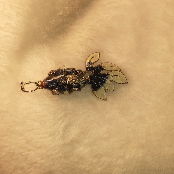 Vtg articulated cloisonne navy & white enamel fish pendant/charm 1.5" - Picture 7 of 8